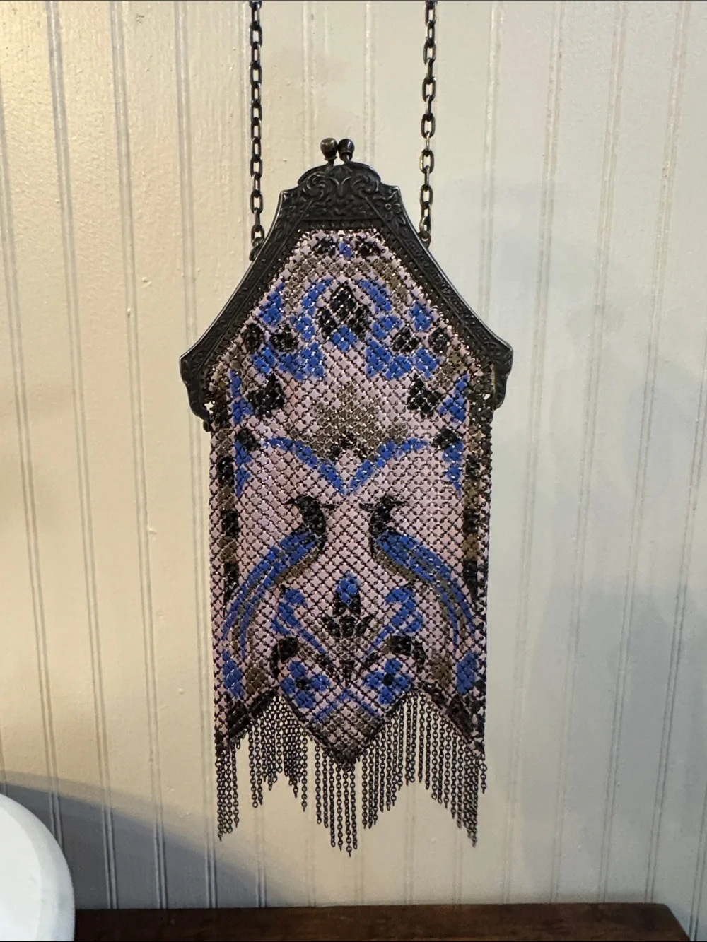 Antique Mandalian Mesh Enamel Flapper Purse Birds w/ Fringe